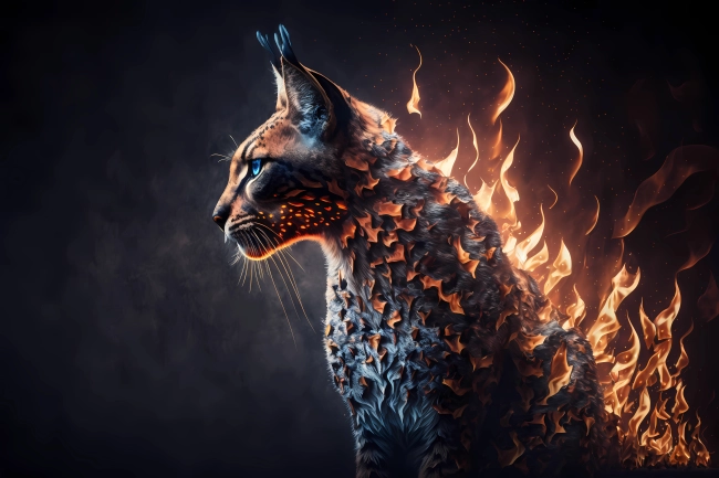 A portrait of a lynx made of fire and smoke