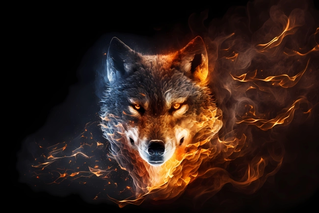 A portrait of a wolf made of fire and smoke