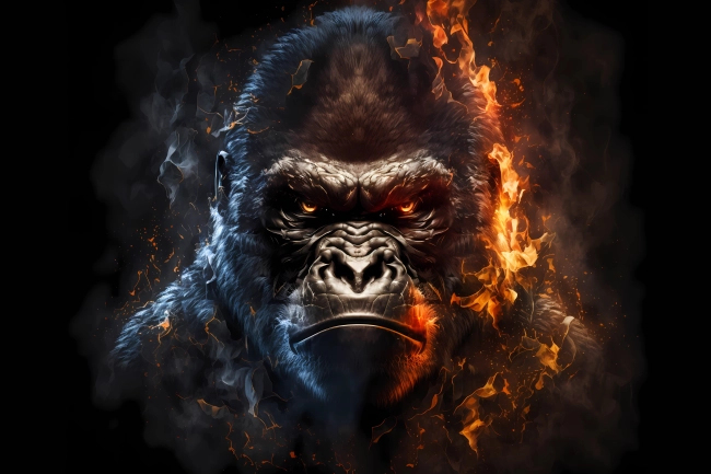 A portrait of a gorilla made of fire and smoke