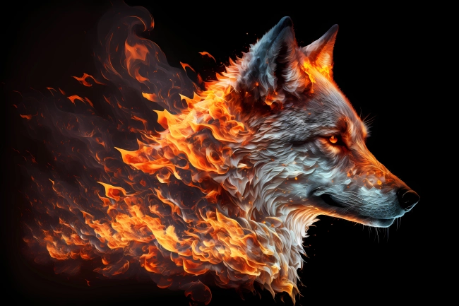 A portrait of a wolf made of fire and smoke