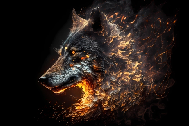 A portrait of a wolf made of fire and smoke