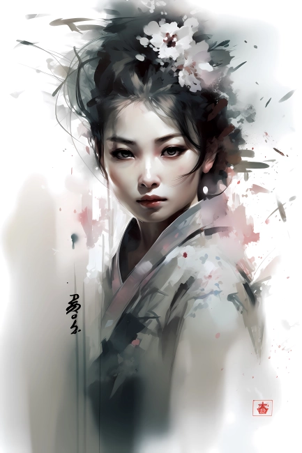 Portrait of a Japanese girl in watercolor painting