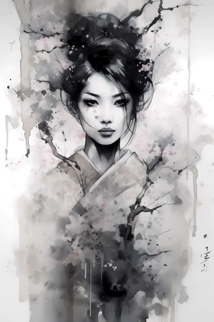 Portrait of a Japanese girl in watercolor painting