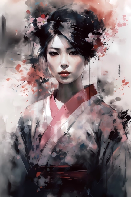 Portrait of a Japanese girl in watercolor painting