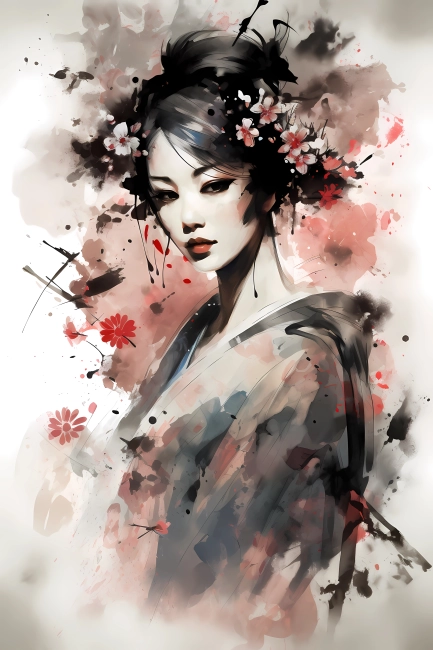 Portrait of a Japanese girl in watercolor painting