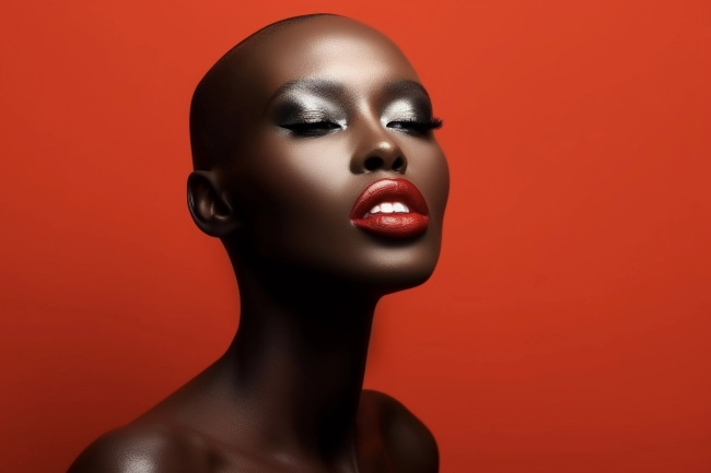 Close-up of African woman with colorful makeup. Female glamour model with vibrant makeup on red background.