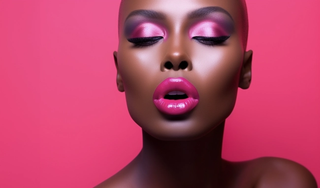 Close-up of African woman with colorful makeup. Glamour female model with vibrant makeup on solid background.