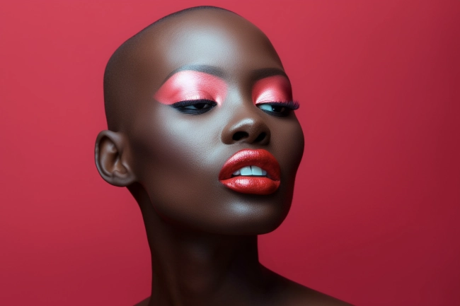 Close-up of African woman with colorful makeup. Glamour female model with vibrant makeup on solid background.