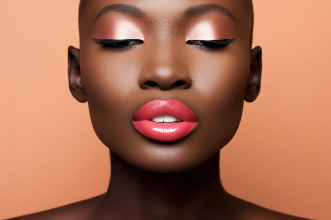 Close-up of African woman with colorful makeup. Glamour female model with vibrant makeup on solid background.