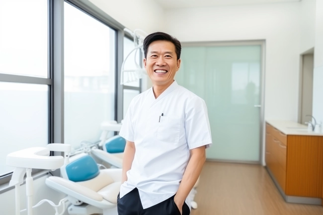 Asian middle age male dentist smiling while standing in dental clinic. Highly qualified doctor posing at dental clinic over modern cabinet.