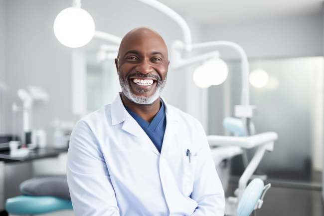 Middle age male dentist smiling while standing in dental clinic. Highly qualified doctor posing at dental clinic over modern cabinet.