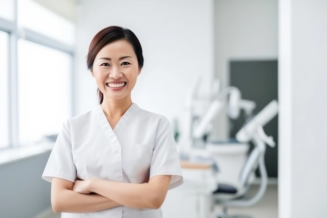 Asian female dentist smiling while standing in dental clinic. Highly qualified doctor posing at dental clinic over modern cabinet.