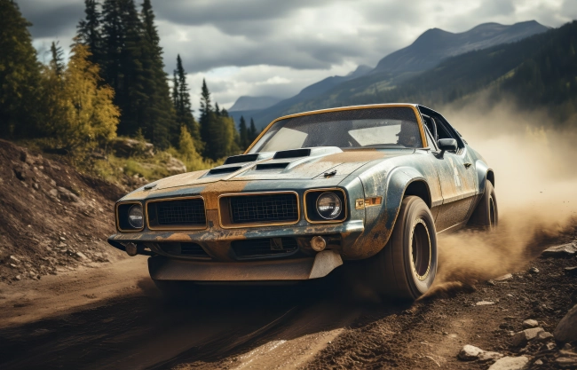 Vintage rally racing car riding on offroads dirt track.