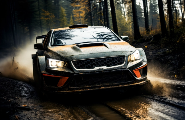 Rally racing car riding on forest dirt track on a sunny late rainy day.