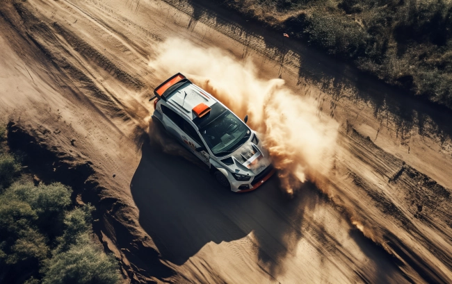 Aerial shot of rally racing car riding on dirt track on a sunny day.