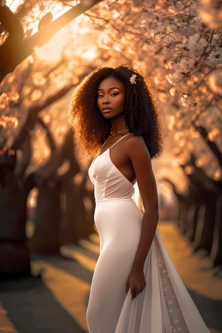 Beautiful African bride in the park of cherry trees