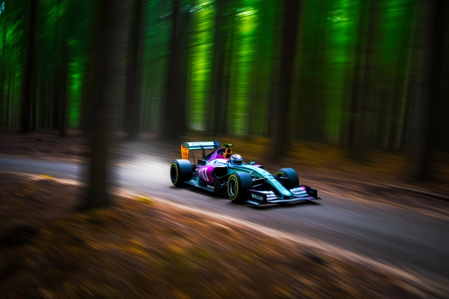 F1 car racing in the forest - drone view