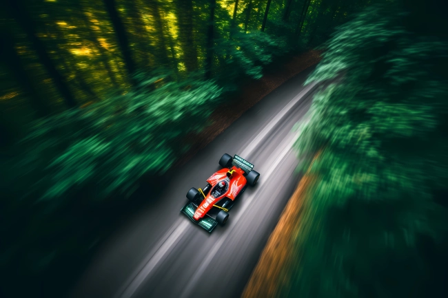 F1 car racing in the forest - drone view