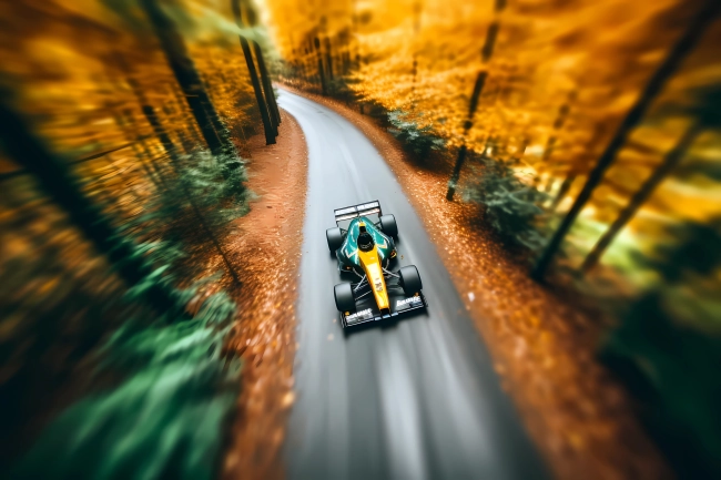 F1 car racing in the forest - drone view