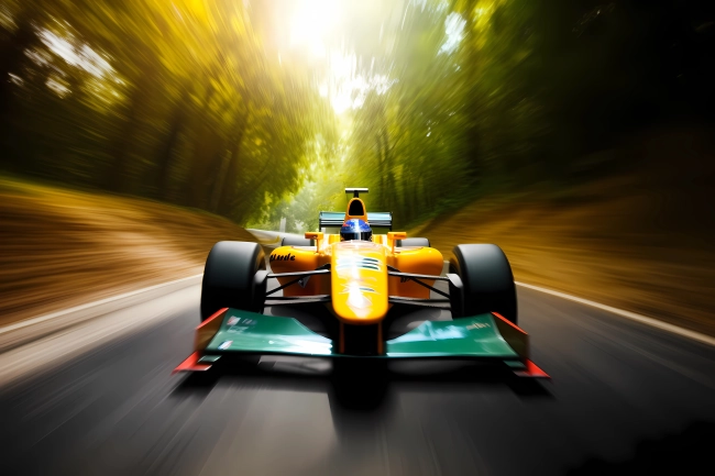 F1 car racing towards the camera, motion blur