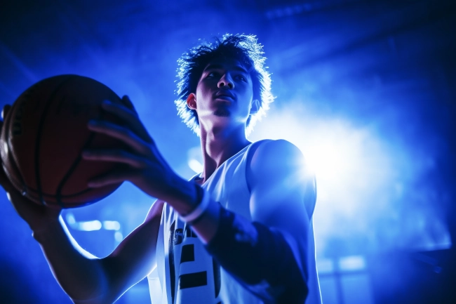 Young male athlete playing basketball in blue backlight.