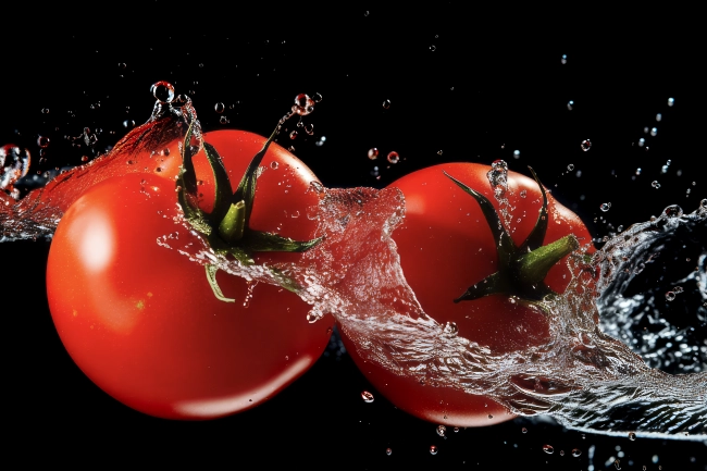 Whole fresh tomatoes with water splashes on black background.