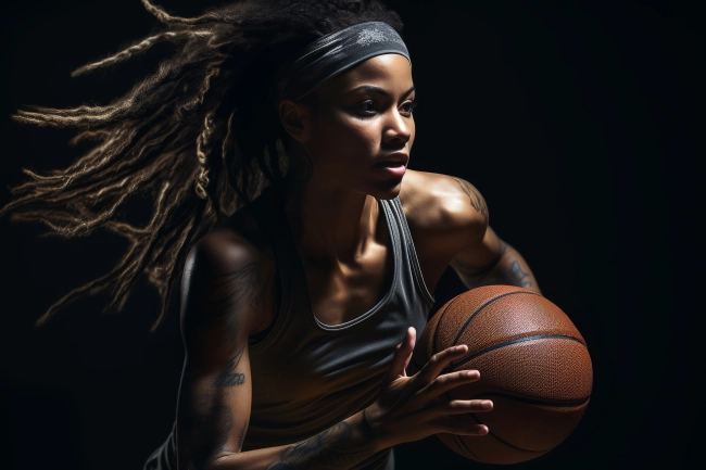 Young female athlete with afro hair style playing basketball on black background.