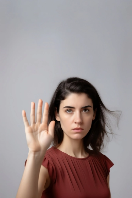 Woman showing stop violence  with hand.