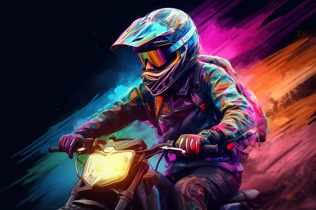 Biker driving fast in flashy vivid watercolors