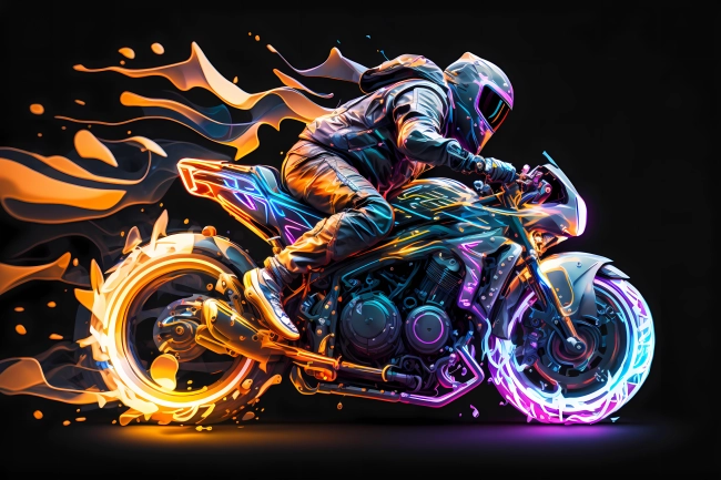 Biker driving fast in flashy vivid watercolors