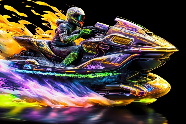 Jet ski driving fast in flashy vivid watercolors