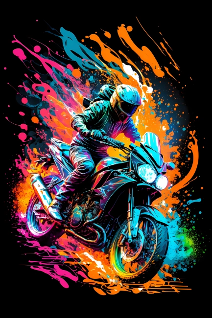 Biker driving fast in flashy vivid watercolors