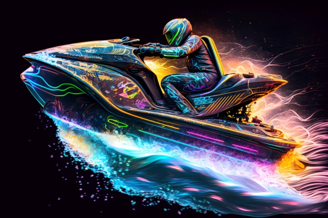 Jet ski driving fast in flashy vivid watercolors