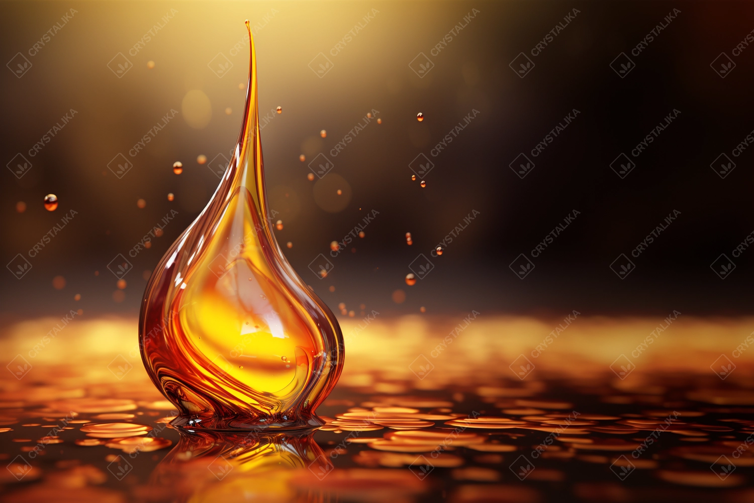 3D illustration of a drop of oil on a golden light background.