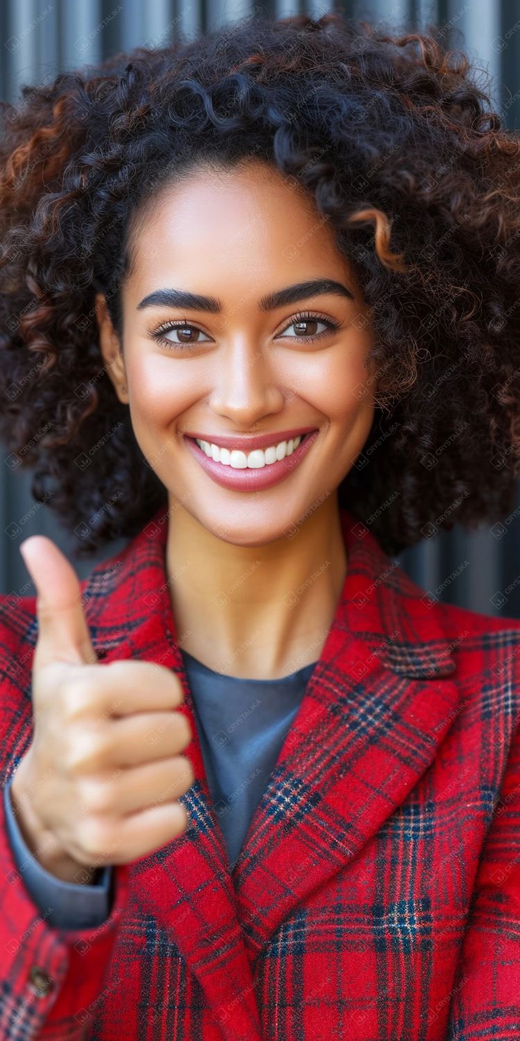 Close up portrait of a smiling african american woman showing thumbs up