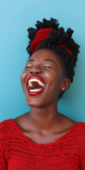 Portrait of a young african american woman laughing against blue background