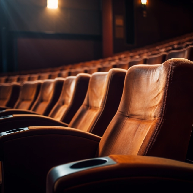 Empty cinema auditorium with seats.