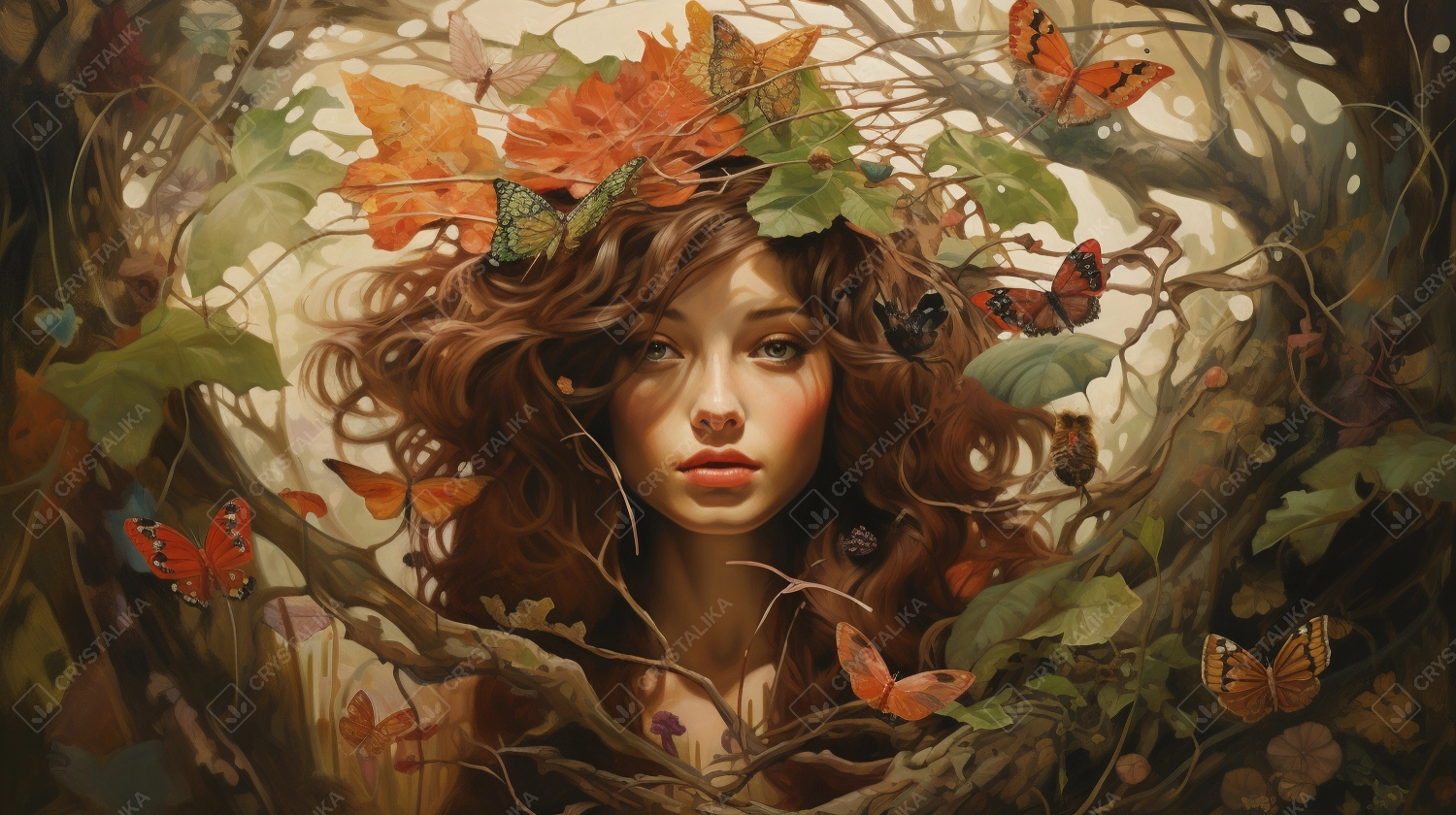 Beautiful young woman in a wreath of autumn leaves with butterflies