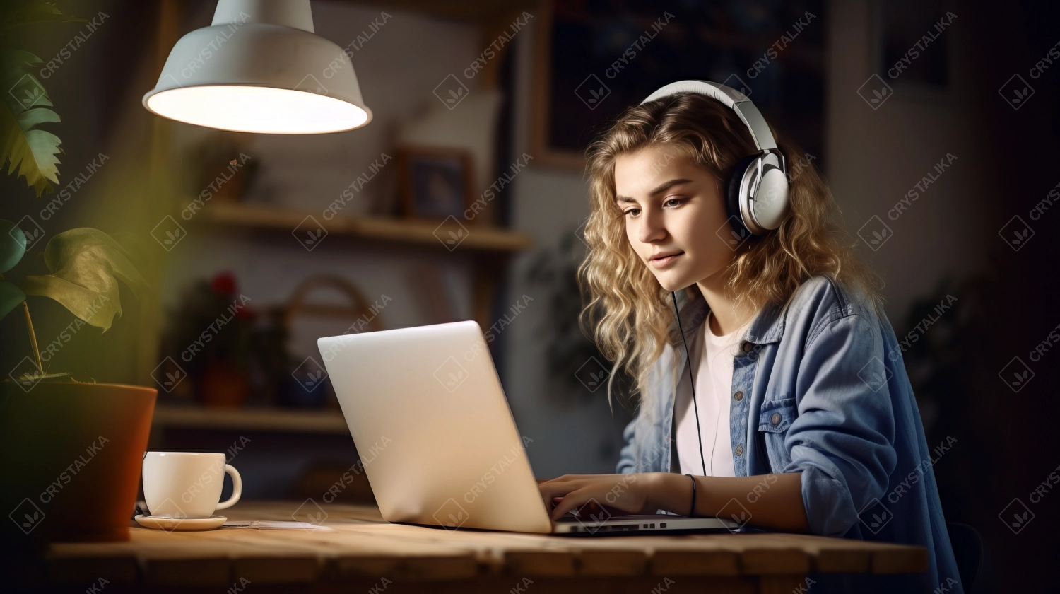 Young Woman Works on Laptop at Night