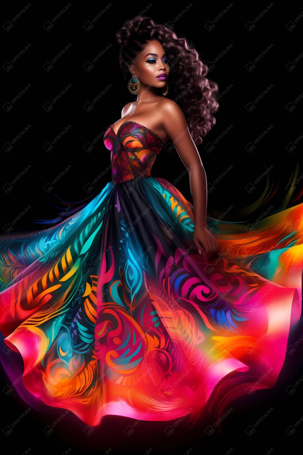 Gorgeous African dancer in colorful dress - watercolor art