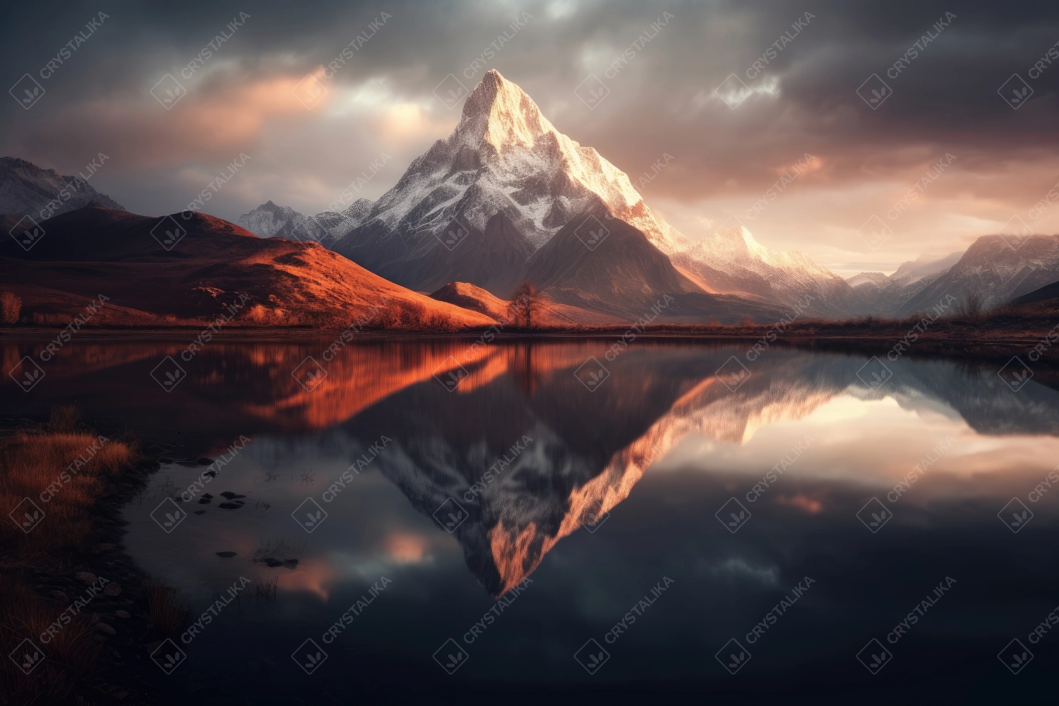 Snowy mountains reflecting in a glacial lake