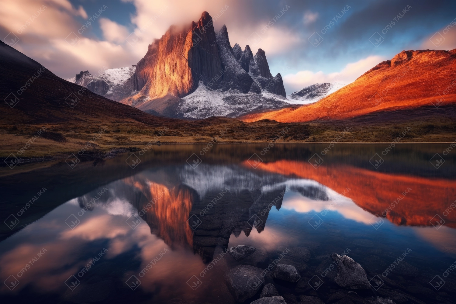 Snowy mountains reflecting in a glacial lake