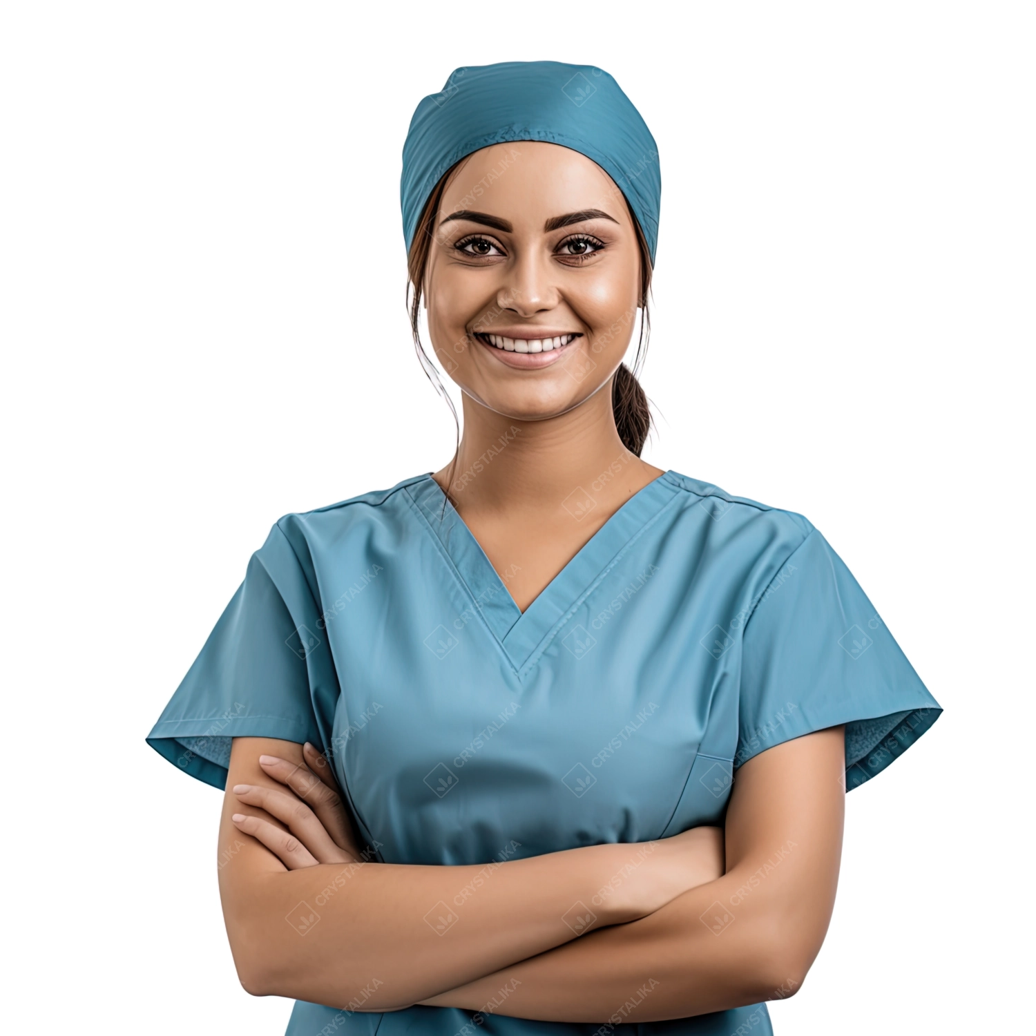 Smiling Female Healthcare Worker in White Clothing Standing in Studio with a Cheerful Smile