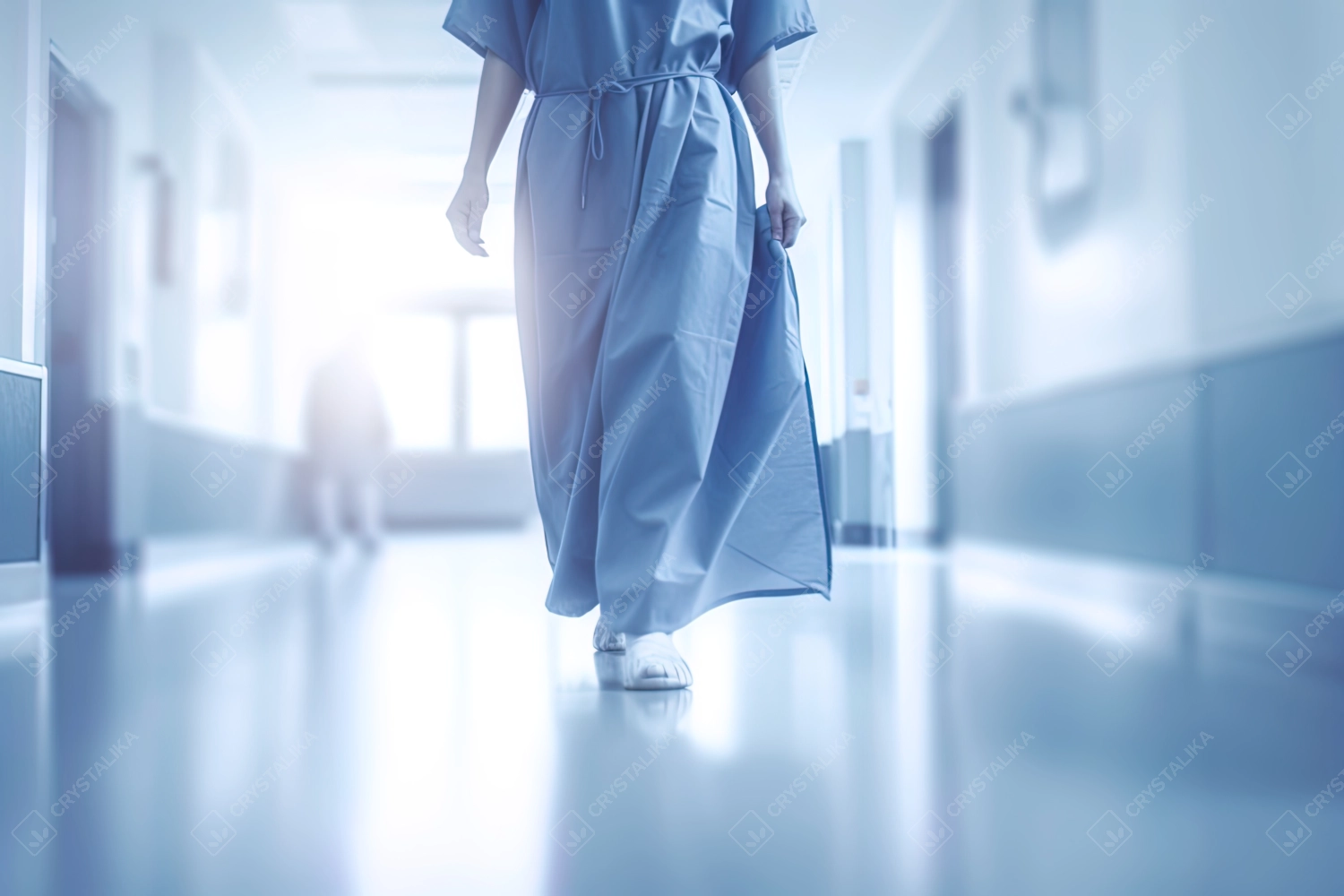 Happy Woman Walking in Hospital Corridor