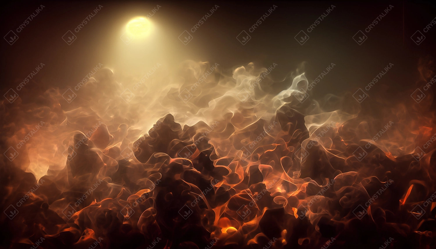 White curve fog, smoke, clouds, fire and dark background with spotlight