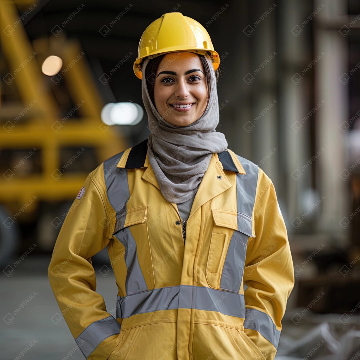 Smiling Worker in Yellow Hard Hat at Construction Site