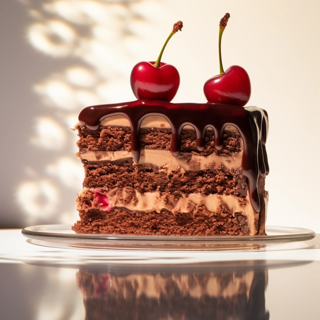 Chocolate cake with cherries on a glass plate. Selective focus.