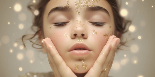 Beautiful young woman with golden glitter on her face, closeup