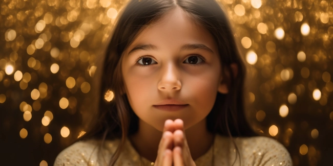 Portrait of asian little girl praying on christmas lights background