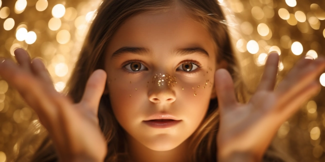 Portrait of a beautiful little girl with golden glitter on her face.